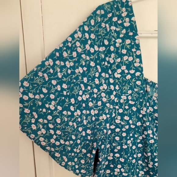 Ditsy Floral Drawstring Ruched Pocket Ruffle Tiered Teal Dress - Picture 5 of 10